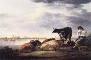 Aelbert Cuyp Cows and Herdsman by a River oil